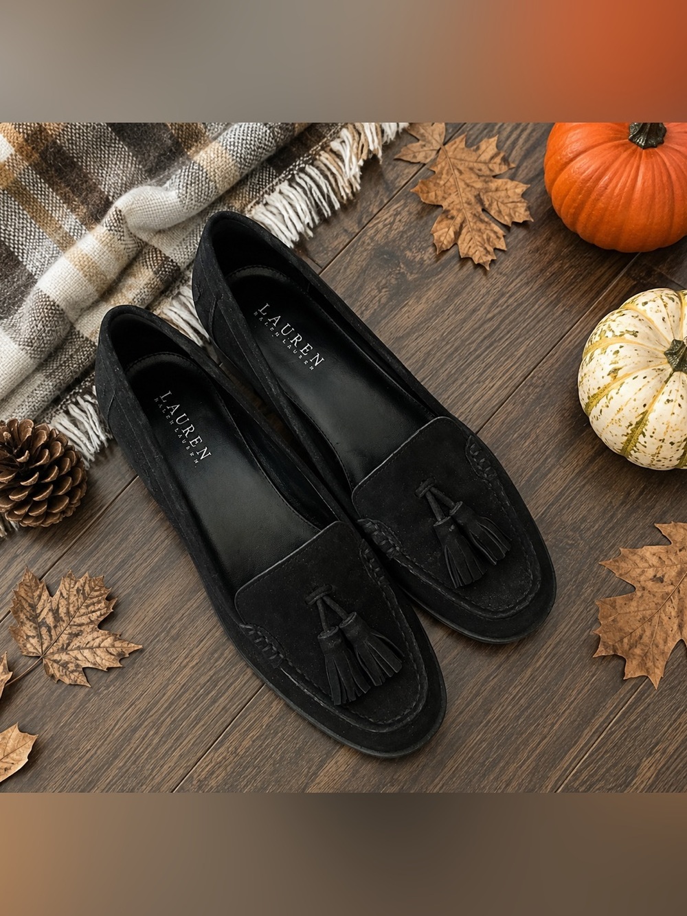 Lauren Ralph Lauren Women’s Black Suede Tassel Loafers Block Heel Size 8